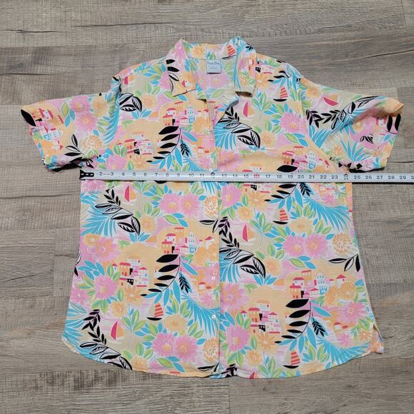 Cascade Blues Linen Hawaiian Button Up Shirt 1X Tropical Colorful Bright Floral - Picture 6 of 6